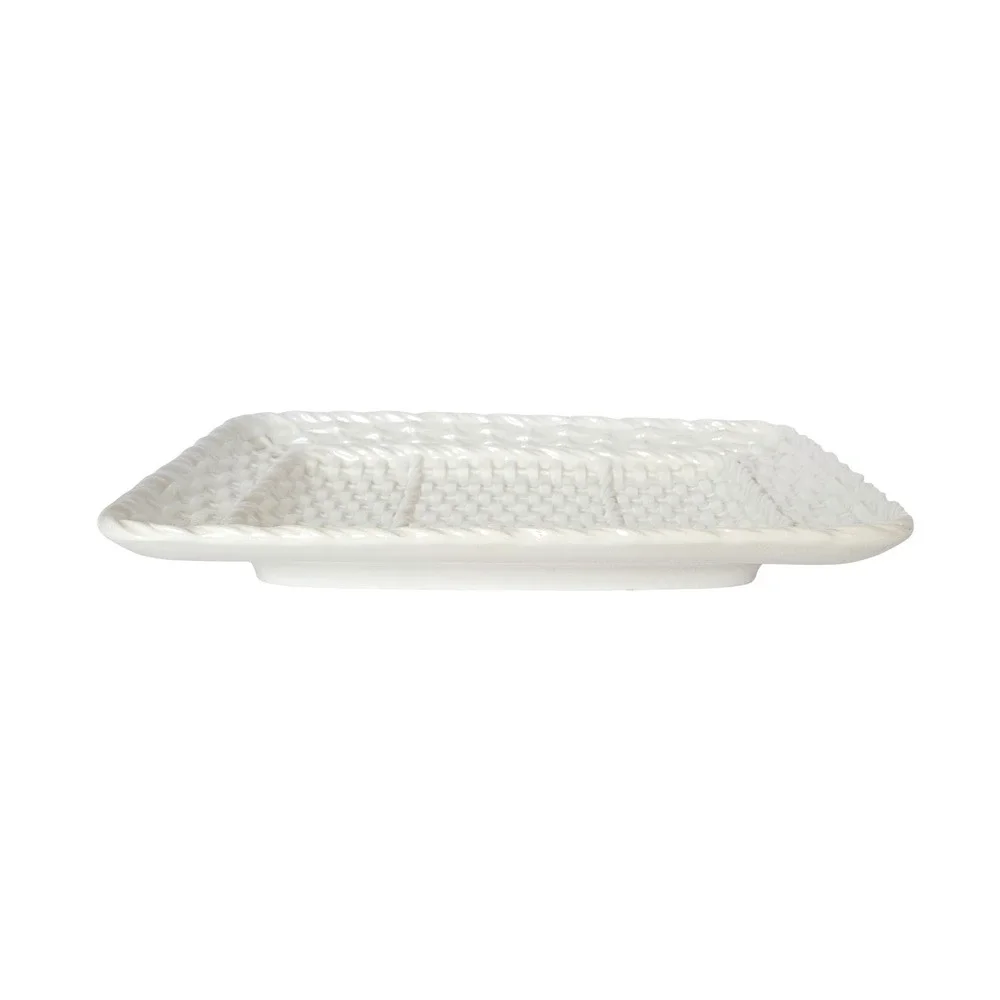Amora Ceramic Basketweave Tray Made in Italy Rectangular Woven Design Off White